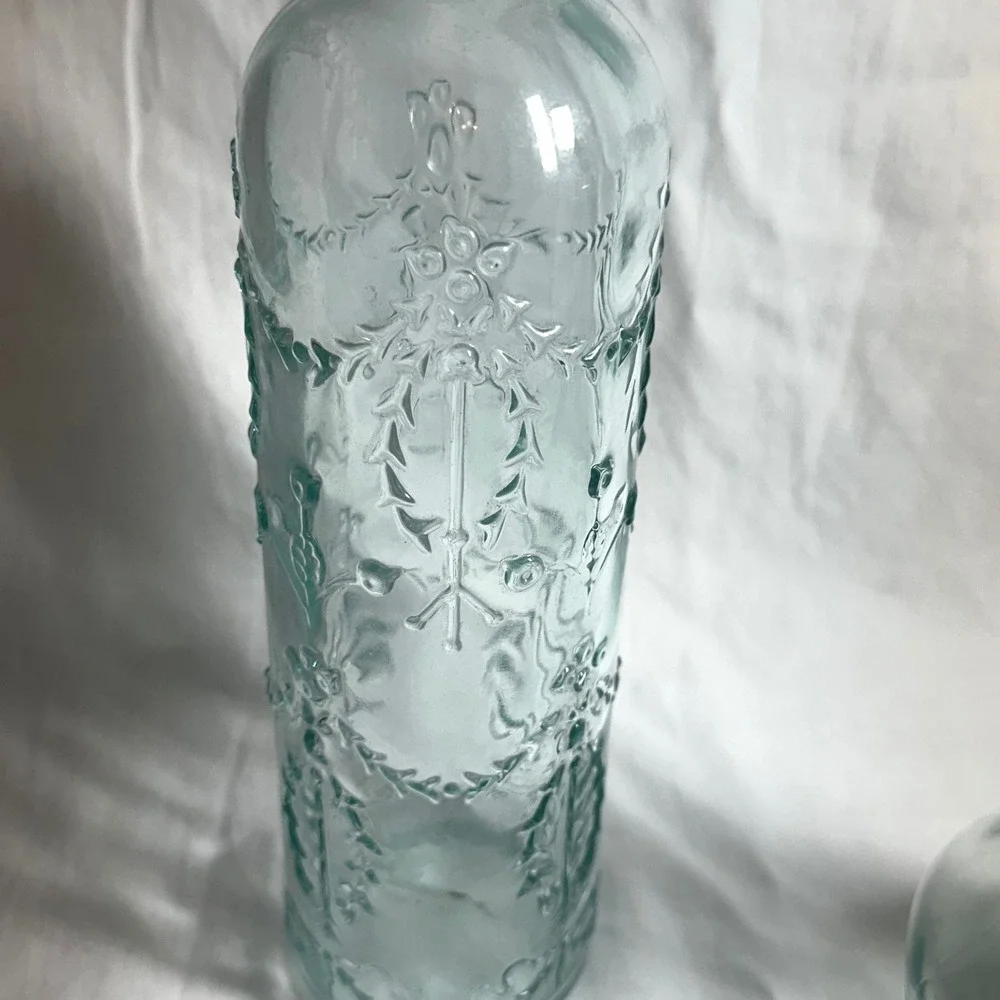 Recycled Glass Bottle Set AquaGreen Excellent Embossed Farmhouse Rustic Cottage